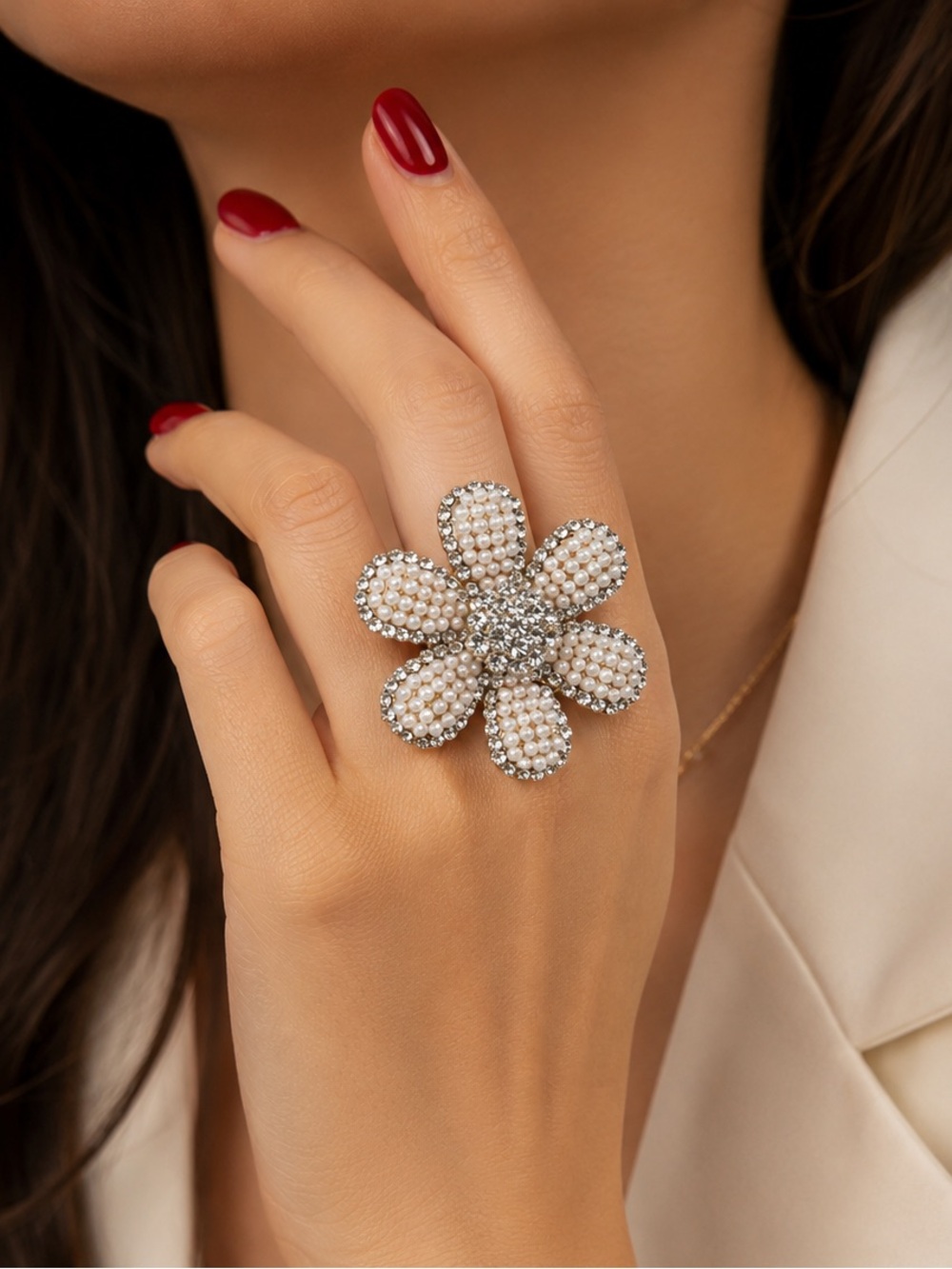 Anthropology gorgeous flower Swarovski pearl ring